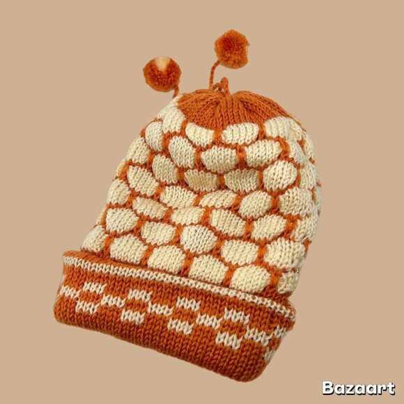 Orange checker and cream knitted beanie Handmade Beanie Ski Winter Beanie - Picture 1 of 7